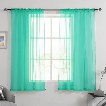 HUTO Window Sheer Turquoise Curtains for Bedroom Rod Pocket Voile Sheer Drapes for Living Room 2 Panels Curtains Each is 52 inches Wide by 63 inches Long