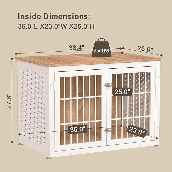 38" Heavy Duty Dog Crate Furniture for Large and Medium Dogs,Wooden Metal Kennel for High Anxiety Dogs, Chew Proof Pet Cage Indoor, Decorative Dog Kennel End Table, White-Mewly Pet