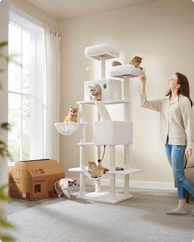 Feandrea Cat Tree, 81.1-Inch Large Cat Tower with 13 Scratching Posts, 2 Perches, 2 Caves, Basket, Hammock, Pompoms, Multi-Level Plush Cat Condo for Indoor Cats, Cream White UPCT190T01-Mewly Pet
