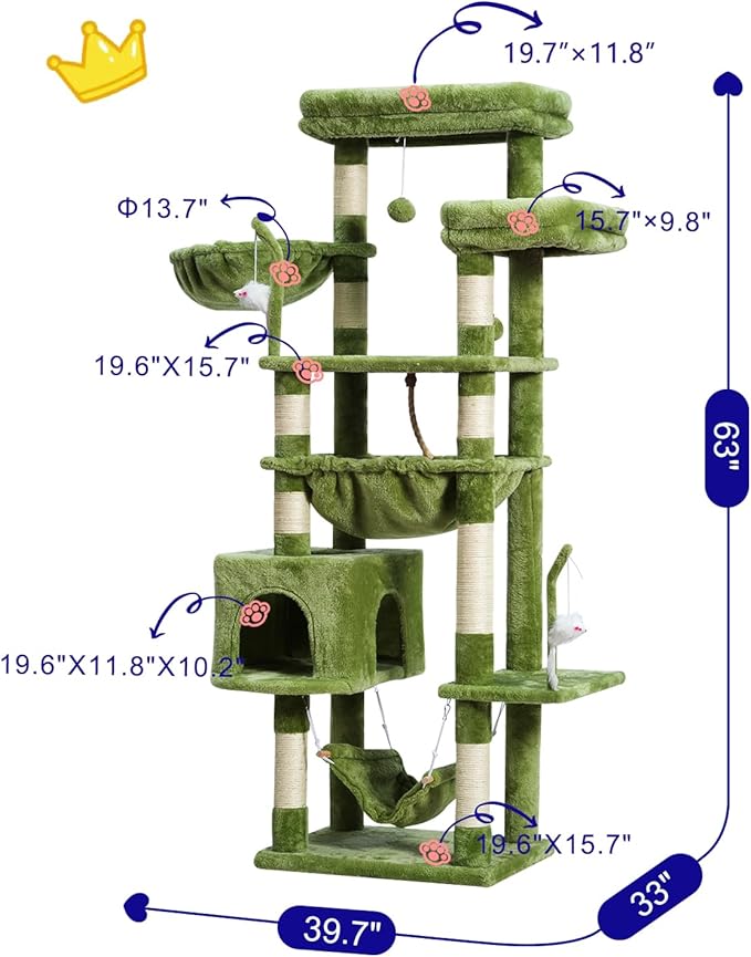 Cat Tree, Cat Tower for Large Cats with 2 Big Platforms, 2 Baskets, condo and Toys, 63" Cat Scratching Posts for Indoor Cats, Green GCT020GR-Mewly Pet