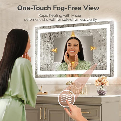 USHOWER LED Bathroom Mirror 40x24 Inch with Lights - Frameless Tempered Glass LED Backlit Lighted Mirror for Bathroom Vanity with Anti-Fog, 3 Colors Dimmable, Memory Function, Wall-Mounted