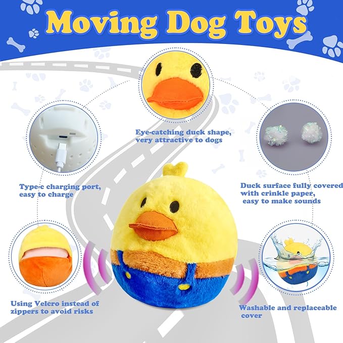 Rechargeable Interactive Moving Dog Toys, Automatic Crazy Jumping Duck for Boredom, Attractive Squeaky Plush Duck Covers A Talking Bouncing Ball with Recording Playback, Puppy Toys to Keep Them Busy-Mewly Pet
