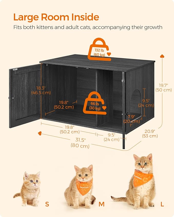 Feandrea Cat Litter Box Enclosure, Litter Box Furniture Hidden with Removable Divider, Indoor Cat House, End Table, 31.5 x 20.9 x 19.7 Inches, Ink Black UPCL002B01-Mewly Pet