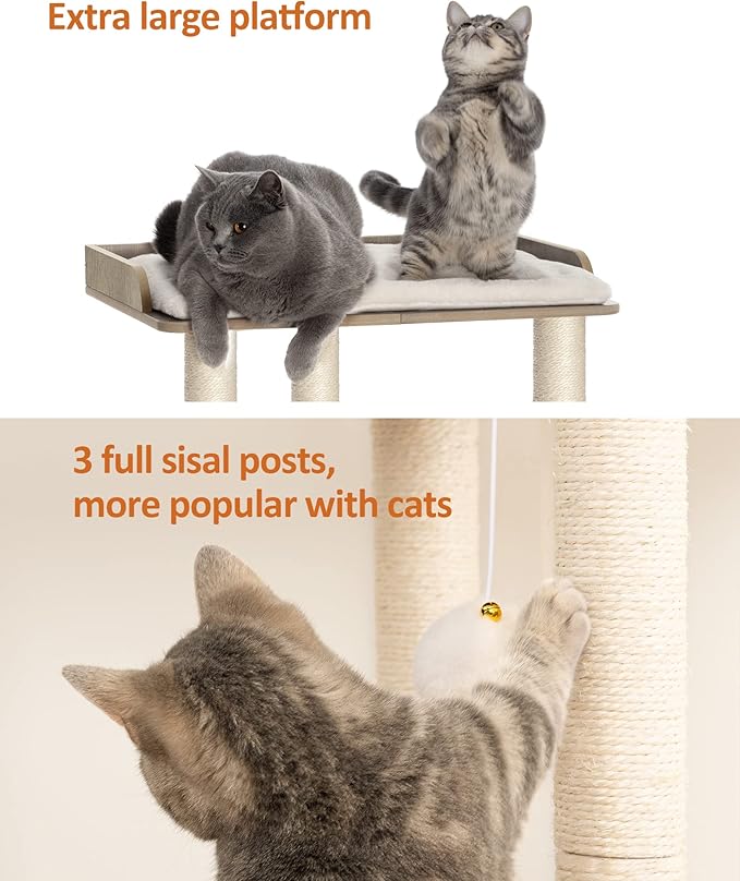 FourFurPets 26.7in Large Cat Tree Tower Condo, Cat Scratch Posts for Indoor Cats, Big Plate, Three 23.6in Full Sisal Scratching Posts, Greige-Mewly Pet