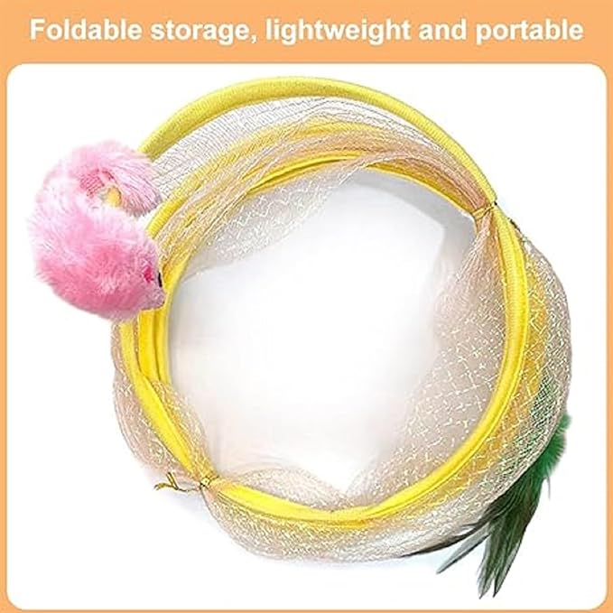 2Pcs Folded Cat Tunnel Toy for Indoor Cats,Collapsible Pet Spring Cat Toys with Feather Mouse Upgrade Interactive Toy Playing Tent for Puppy Kitten Accessories Home Self-Happy Cat Toys (Yellow)-Mewly Pet