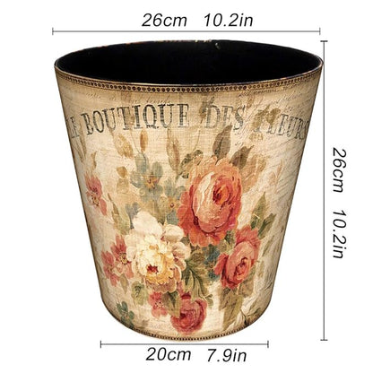 Leather Trash Can, Retro Decorative Waste Basket, 10L Capacity Small Waste Paper Basket, Waterproof Garbage Can for Bathroom, Bedroom, Office, Kitchen and Living Room - Flower