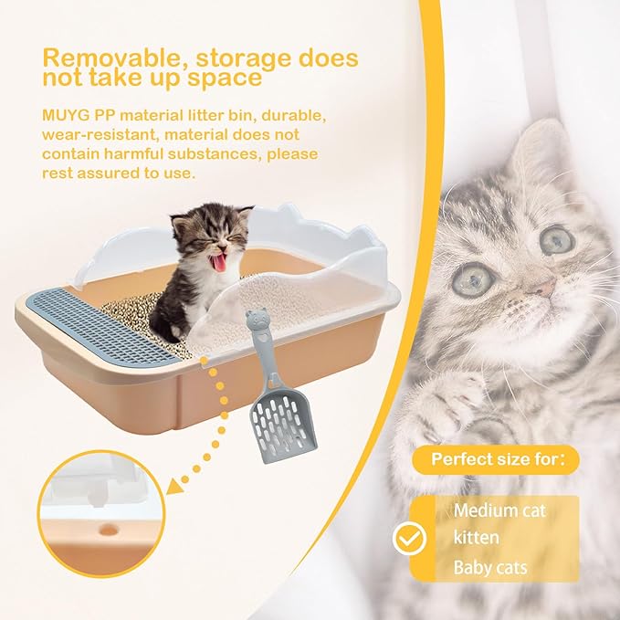 Open Cat Litter Box with High Side,Anti-Splashing Cats Litters Pan,Kitten Toilet with Litter Sifting Scoop,Semi-Enclosed Removable Kittens Litter for Boxes Easy to Clean No Odork(Khaki)-Mewly Pet