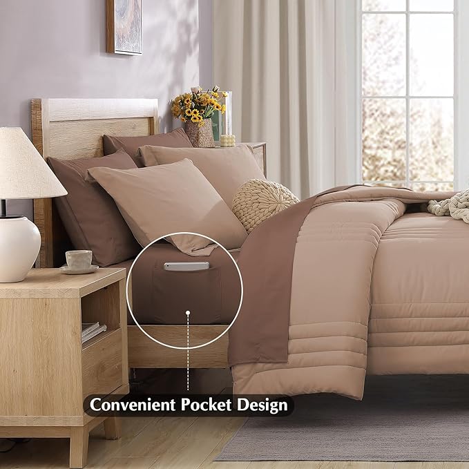Monbix King Size Comforter Set - 7 Pieces Bed in a Bag King, Rust Pink Bedding Sets with Comforter, All Seasons Down Alternative Comforter Bed Set with Sheets, Pillowcases & Shams
