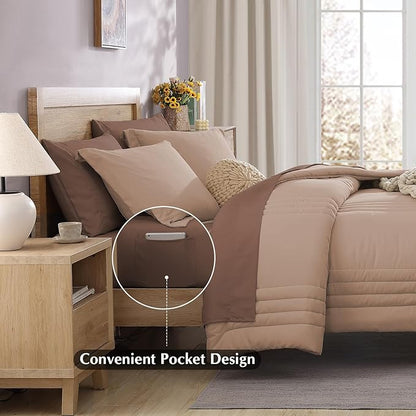 Monbix Queen Comforter Set - 7 Pieces Rust Pink Bed in a Bag Queen Bedding Sets with Comforters, All Seasons Comforter Bed Set with Sheets,Pillowcases & Shams