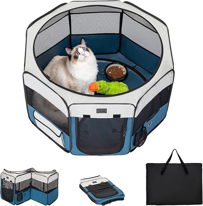 PETSFIT 29" Puppy Playpen with Removable Waterproof Mat & Zippered Roof | RV, Camping, Travel Dog Pen | Indoor/Outdoor Whelping & Cat Observation Space(29.5"x29.5"x16.5"H)-Mewly Pet