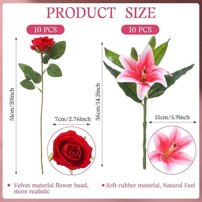 Hotop 20 Pcs Artificial Flowers Velvet Realistic Roses and Latex Lilies Flowers Bouquet Decorations Arrangements for Home Table Centerpieces Independence Day(Pink, Red)