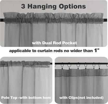 Chyhomenyc Sheer Curtains Tiers 42W x 24L Inches, Light Filtering Small Curtains, Short Bathroom Living Room Cafe Basement Voile Window Curtain, Rod Pocket, 2PCS, Charcoal Grey