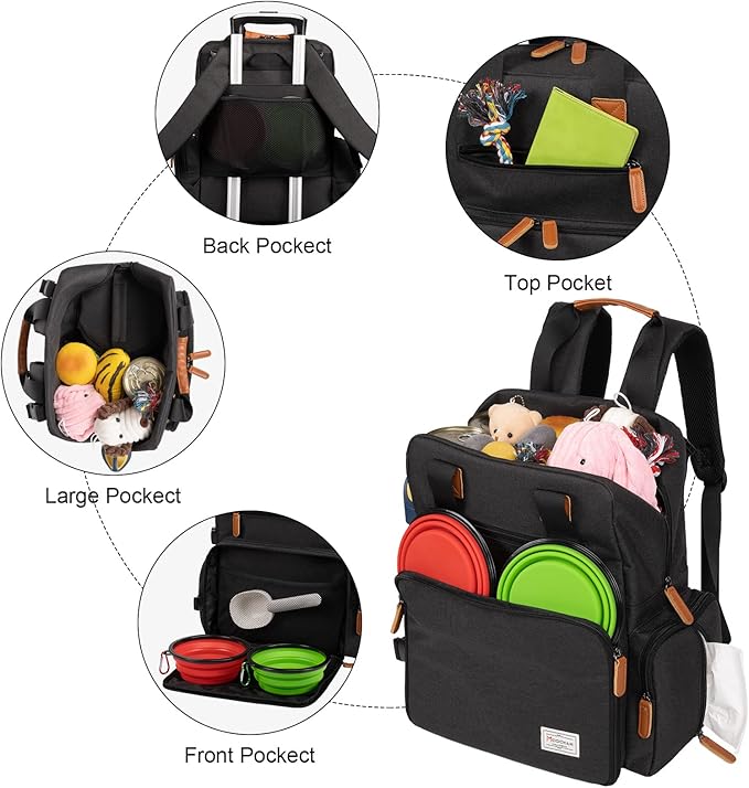 Modoker Dog Travel Bag, Airline Approved Backpack for Pet Accessories Organizer, Tote Weekend Bag with 2 Dog Food Storage Containers, 2 Collapsible Bowls, 1 Pet Mat, Black-Mewly Pet