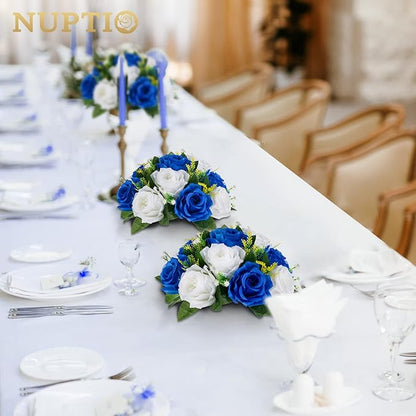 NUPTIO Flower Balls for Wedding Centerpieces - 6 Pcs 9.5 inch Diameter Fake Flower Ball Arrangement Bouquet Party Centerpieces for Tables - Royal Blue Rose Bouquet Centerpiece Flowers for Table