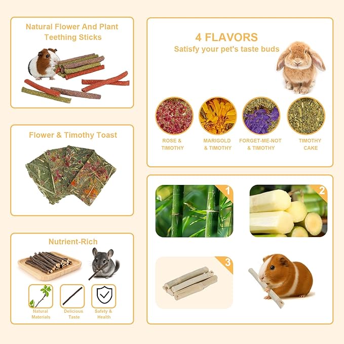 65PCS Rabbit Bunny Guinea Pig Chew Toys Treats, Chinchilla Hamster Chews Toys for Teeth, Timothy Hay Chips Treats Sticks for Rabbit Guinea Pig Chinchilla Hamster Rat-Mewly Pet