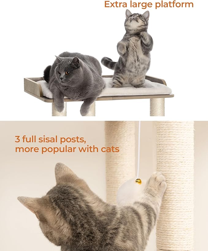 FourFurPets 22in Cat Tree Tower Condo, Cat Scratch Posts for Indoor Cats, Big Plate, Three 23.6in Full Sisal Scratching Posts, Greige-Mewly Pet