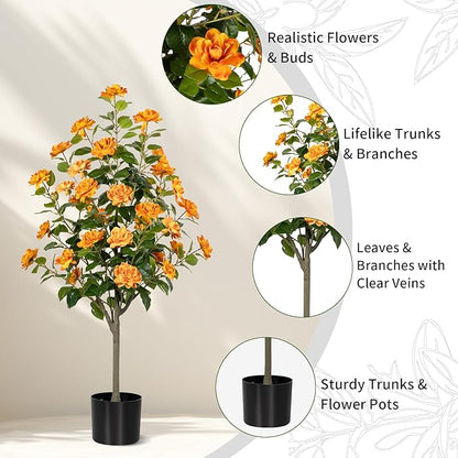 Artificial Camellia Tree 2 Pack, Artificial Plants Outdoor Faux Floral Plant in Cement Pot Fake Silk Camellia Tree Plants for Home House Living Room Office Decor