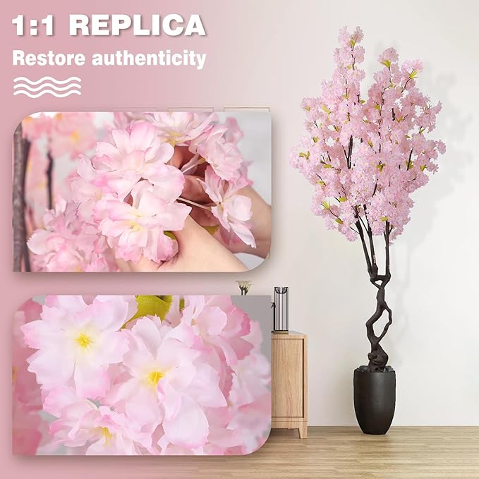Artificial Pink Cherry Blossom Tree,7ft(84in) Faux Japanese Sakura Indoor Decoration,Natural Fake Cherry Floral Tree Outdoor Decor,Realistic Silk Pink Flowers for Living Room,Office,Wedding Party