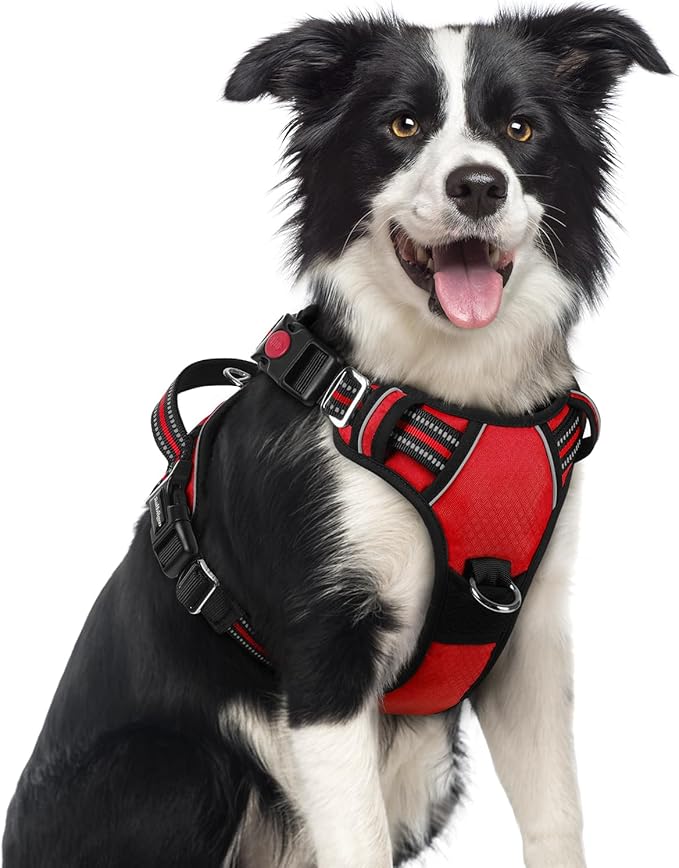 rabbitgoo Dog Harness Medium Sized, No Pull Dog Vest with 3 Buckles, Adjustable Soft Padded Pet Harness with Easy Control Handle and Reflective Strips, Red, M-Mewly Pet