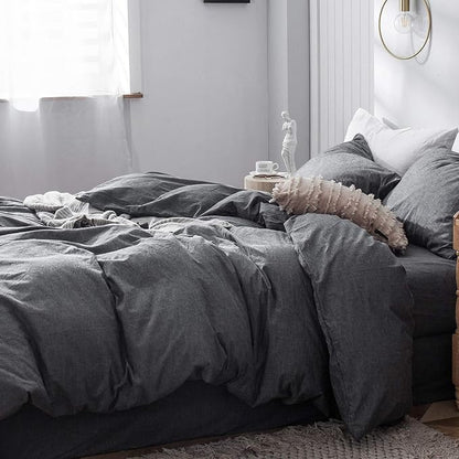 MooMee Bedding Duvet Cover Set 100% Washed Cotton Linen Like Textured Breathable Durable Soft Comfy (Heathered Dark Grey, Twin 68"x90")