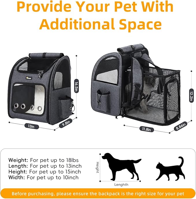 Hoopet Expandable Cat Backpack Carrier – Breathable Pet Carrier for Small Cats & Dogs, Foldable Travel Backpack with Mesh Ventilation for Hiking, Walking, Camping, Dark Grey-Mewly Pet
