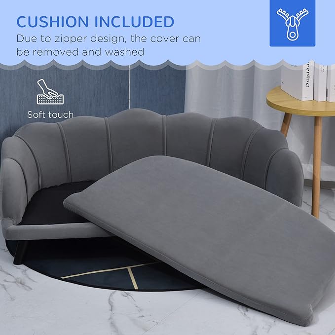 PawHut Velvet Large Dog Couch with Foam Cushion, Soft and Cute Dog Bed with Pearl Design, Dog Sofa for Big and Medium Dogs, Charcoal Gray-Mewly Pet