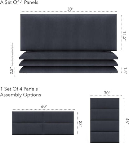 Vänt Upholstered Wall Panels - Queen/Full Size Wall Mounted Headboards - Ribbed Midnight Blue - Set of 4 Panels (Each Individual Panel 30"x11.5")