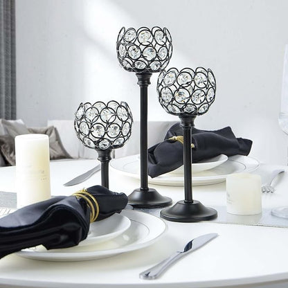 Crystal Metal Tealight Candlestick, Bling Bowl Candelabras, Tall Crystal Votive Candle Holders Elegant Crystal Candle Centerpiece for Dining Table Wedding Decor (Set of 3, Balck)