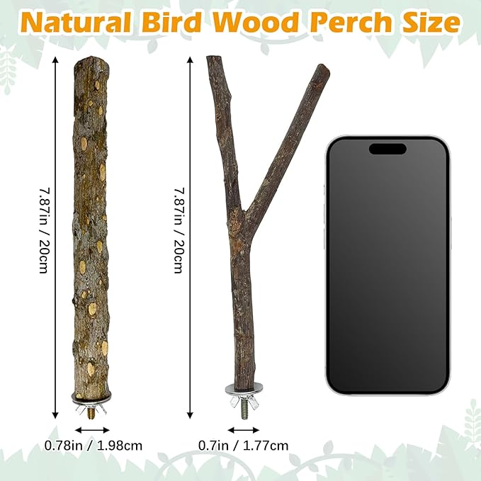 kathson 8 PCS Natural Bird Wood Perch Parakeet Standing Toy Sticks Parrot Paw Grinding Branches Cockatiels Cage Chewable Accessories for Conures Macaws Finches-Mewly Pet