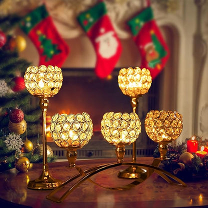 VINCIGANT 4Pcs Christmas Table Decoration Gold Bulk Decorative Tealight Candle Holder for Wedding,3-Candle Candelabras for Christmas Party Dinning Room Table Centerpiece,Gift Boxed for Thanksgiving