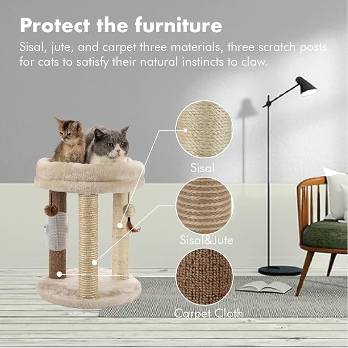 MECOOL 4in1 Small Cat Tree,Scratching Post with Tower Soft Bed, Sisal Carpet Jute Posts with Three Hanging Ball Toys and Massage Brush for Indoor Cats and Kittens-Mewly Pet