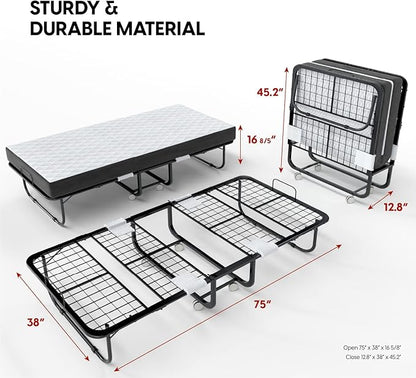 EconoHome Folding Bed with Mattress - 75x38 Twin Size Frame - Portable Rollaway Guest Bed with 5-inch Memory Foam Mattress - Space-Saving Foldable Design for Easy Storage
