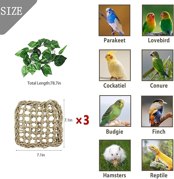 BNOSDM Bird Seagrass Mat, 3 PCS 7.1 x 7.1 Inches Parrot Natural Seagrass Woven Bird Net Hammock Mat, Parakeet Climbing Rope Ladder Chew Toys Hut Hideout for Lovebird Cockatiel Conure Budgie-Mewly Pet
