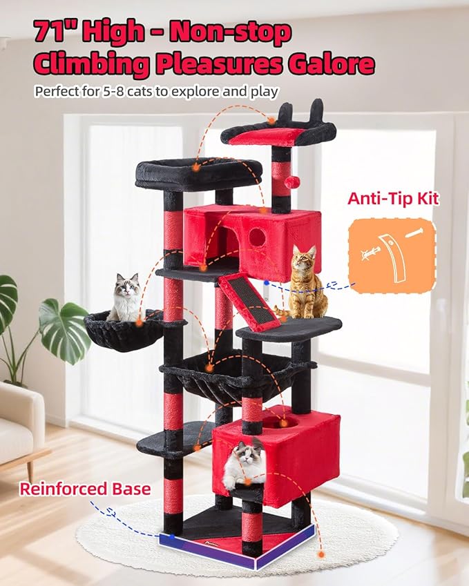 Taoqimiao Gothic Cat Tree 71-Inch, Cat Tower for Indoor Cats Large Adult, Multi-Level Large Cat Condo, 8 Sisal Scratching Posts, Metal Frame Cozy Hammock, Scratch Board, 2 Top Perches, MS026LBR-Mewly Pet