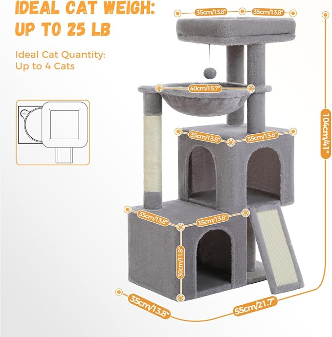 PAWZ Road Large Cat Tree, 41 Inches Multi-Level Cat Tower with 2 Spacious Condos for Indoor Cats, Large Cat House with Comfy Hammock, Padded Perch, Scratching Pad and Replaceable Balls-Gray-Mewly Pet