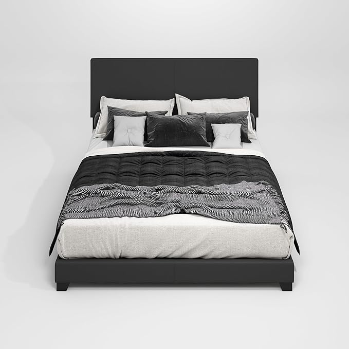 Furinno PESSAC Bed Frame, California King Size Bedframe with PU Leather Upholstery Headboard, Bed with Legs, Wooden Slat Support, Easy Assembly, for Bedroom, Dorm, Plain Black