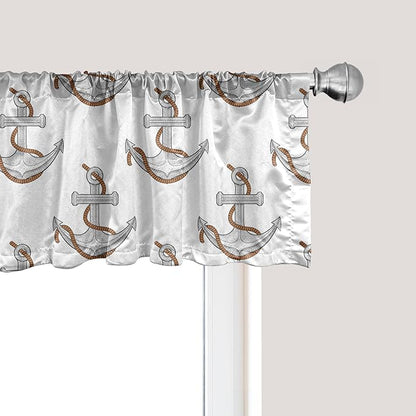 Ambesonne Vintage Nautical Tattoo Window Valance Pack of 2, Repetitive Anchor and Motif Maritime Pattern, Rod Pocket Curtain Valances for Kitchen Bedroom, 42" X 18", Pale Cinnamon Pale Grey