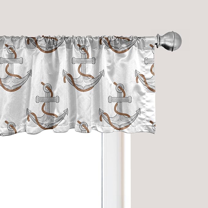 Ambesonne Vintage Nautical Tattoo Window Valance Pack of 2, Repetitive Anchor and Motif Maritime Pattern, Rod Pocket Curtain Valances for Kitchen Bedroom, 54" X 18", Pale Cinnamon Pale Grey