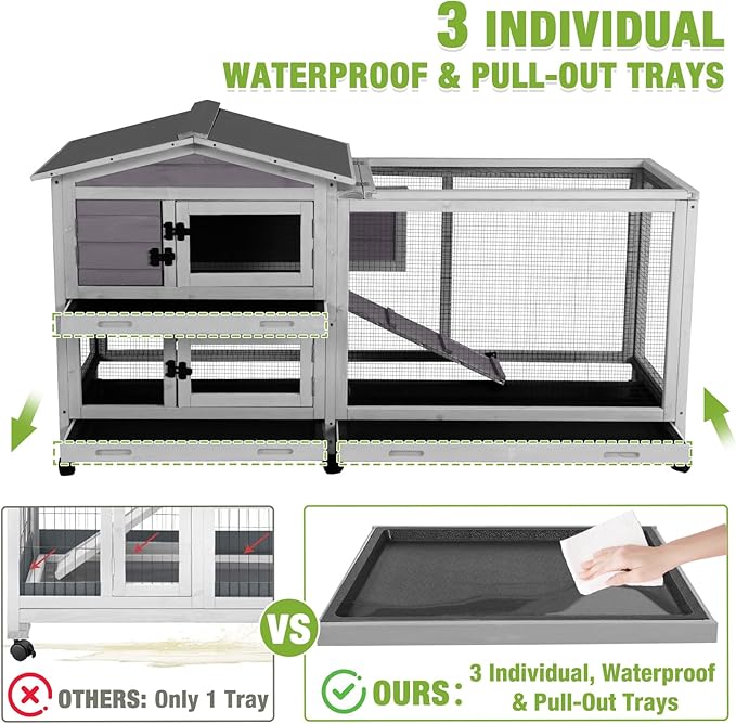 GUTINNEEN Rabbit Hutch Indoor with Chew-Proof Ramp, 62" L Wooden Rabbit Cage with 6 Casters, Bunny Cage with 2 Trays and 2 Story for Small to Medium Animals (Gray)-Mewly Pet