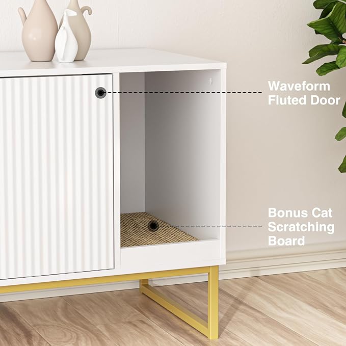 Cat Litter Box Enclosure, Fluted Hidden Litter Box Furniture with Scratch Pad and Metal Legs, Modern Enclosed Cat Cabinet, 31.5 x 17.7 x 21.7 Inches Indoor Pet House for Living Room, Washroom, White-Mewly Pet