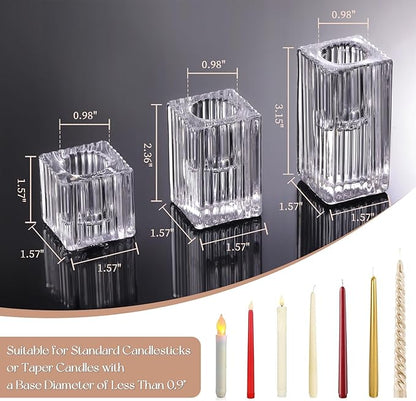 LETINE 12pcs Vertical Stripe Glass Candlestick Holders - Chic Taper Candle Sticks Holder Set for Elegant Dining & Home Decor - Ideal for Wedding Centerpieces, Parties, and Celebrations