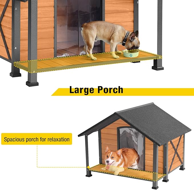 Aivituvin Dog House with Anti-Chewing Metal Frame Outdoor Large Wooden Dog Kennel Outside with Overhang Roof Large Porch Weatherproof-Mewly Pet