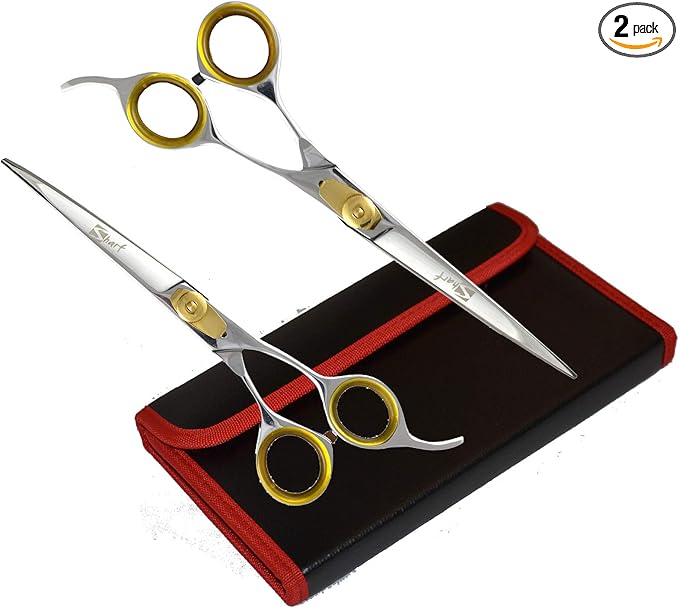 Sharf Professional Pet Shears Kit: Gold Touch Dog Grooming 7.5 Inch Curved Shear & 7.5 Inch Straight Scissors | Must-Have Groomers & Home Groomer Scissors Set-Mewly Pet