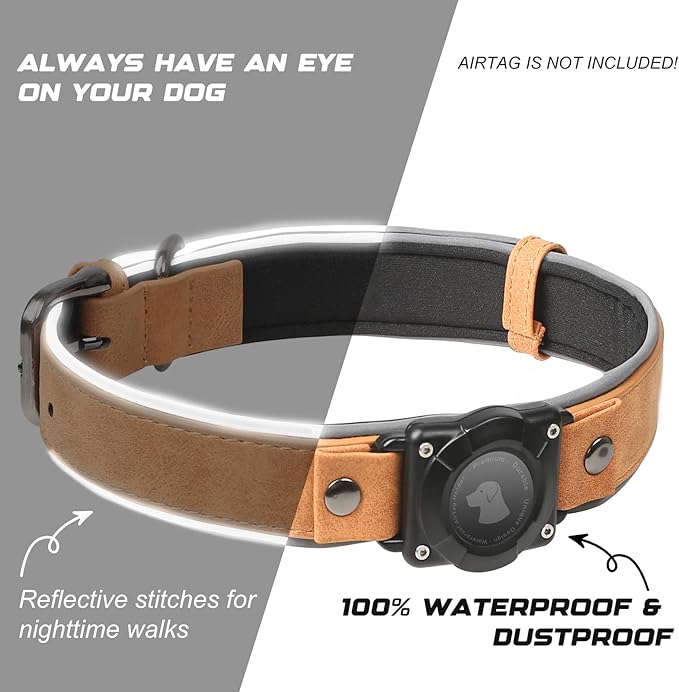 AirTag Dog Collar - Leather Dog Collar with Air Tag Holder | IPX8 Waterproof, Reflective, High - End, Adjustable Soft Padded | Dog GPS Tracker Collars Fit for Medium Large Dogs (Light Brown, L)-Mewly Pet