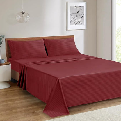 Mejoroom Striped Full Size Sheets – Extra Soft Full Size Bed Sheets - 16inches deep Pocket Full Sheet Set, Breathable, Wrinkle, Fade and Stain Resistant - 4 Piece (02-Burgundy)