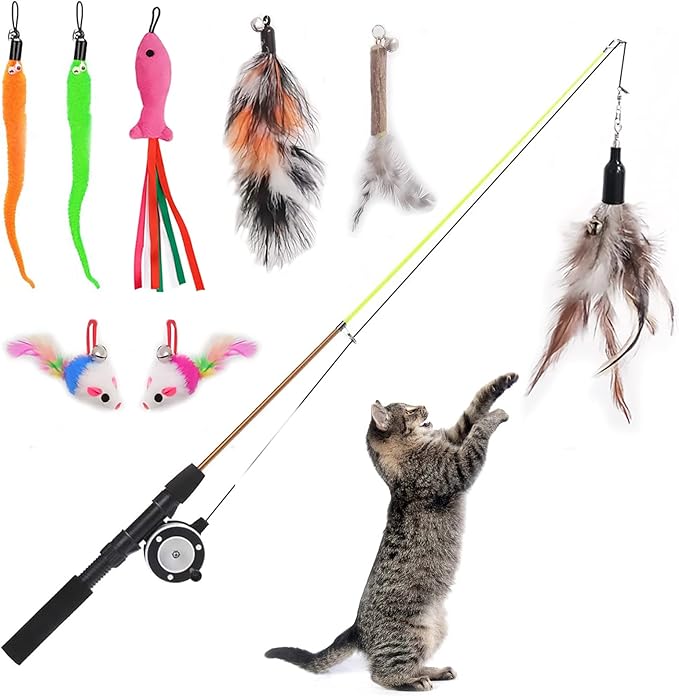 Retractable Cat Teaser Wand Toy, Cat Toys for Indoor Outdoor Cats Interactive Fishing Rod with 8 Pcs Refills Feather Toy, Plush Mouse Caterpillar & Fish-Mewly Pet