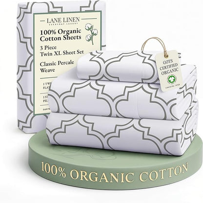 LANE LINEN 100% Organic Cotton Twin XL Sheet Set, Low Pilling Printed Fade Resistant Machine Washable Extra Long Twin Bedding Set, Soft & Comfy Printed Cotton Sheets - Trellis