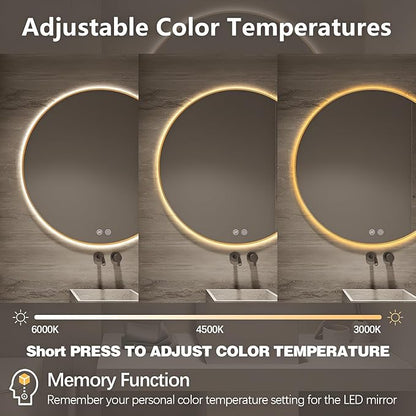 Niccy Round Led Mirror for Bathroom, 32" Backlit Mirror for Wall Circle Lighted Mirror with Gold Frame Anti-Fog, 3 Colors, HD Glass and IP65 Waterproof