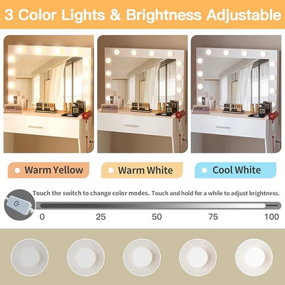 Vanity Table Set with Lighted Mirror - Makeup Vanity with Charging Station, Large Drawer Sturdy Wood Vanity with Lights, 3 Color Modes, Adjustable Brightness, White