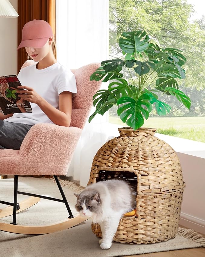 Cat Litter Box Plant Furniture Enclosure, Hidden Handwoven Rattan with Cat Litter Box and Artificial Plants, Odor Control Filter, Real Stones in Living Room, Bedroom, Corner Natural-Mewly Pet